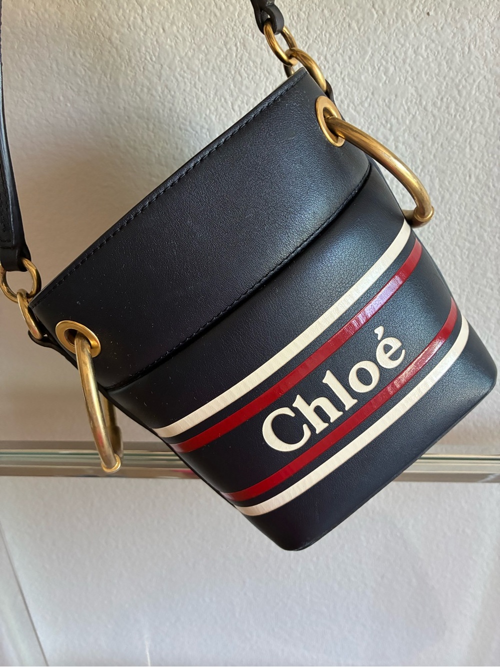 Chloé Roy Bucket Bag – Black Leather with Red/White Stripe Logo - Picture 2 of 10